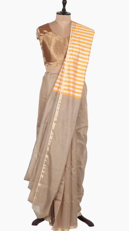 Orange-Stripe Plain Chanderi Saree