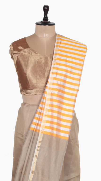 Orange-Stripe Plain Chanderi Saree