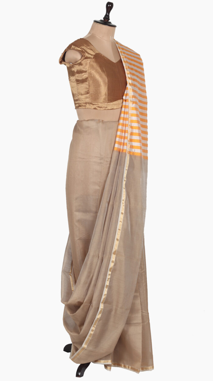 Orange-Stripe Plain Chanderi Saree