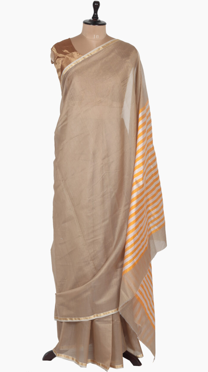 Orange-Stripe Plain Chanderi Saree