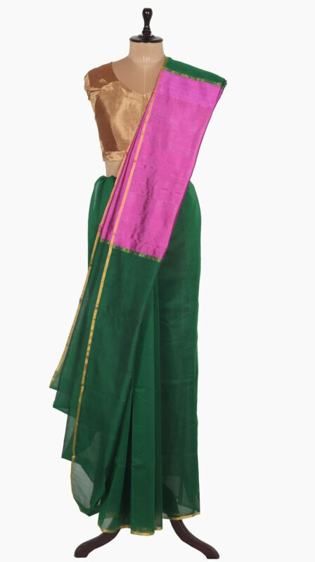BottleGreen Plain Chanderi Saree