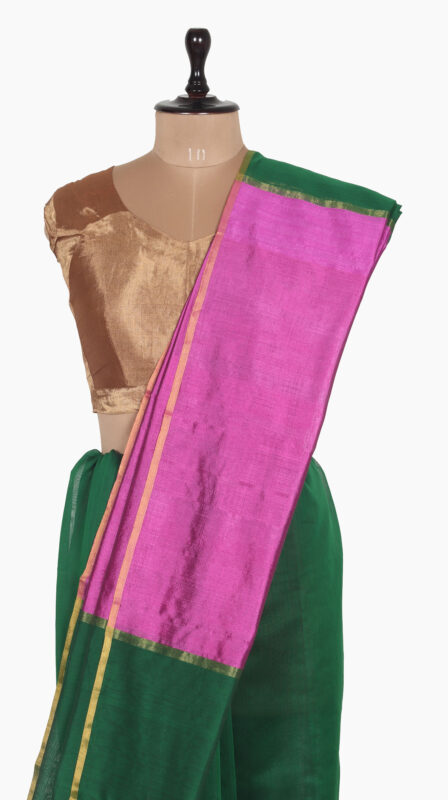 BottleGreen Plain Chanderi Saree