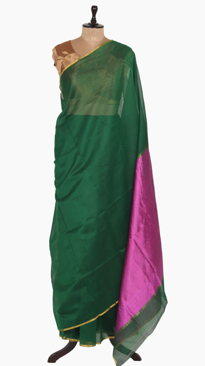 BottleGreen Plain Chanderi Saree