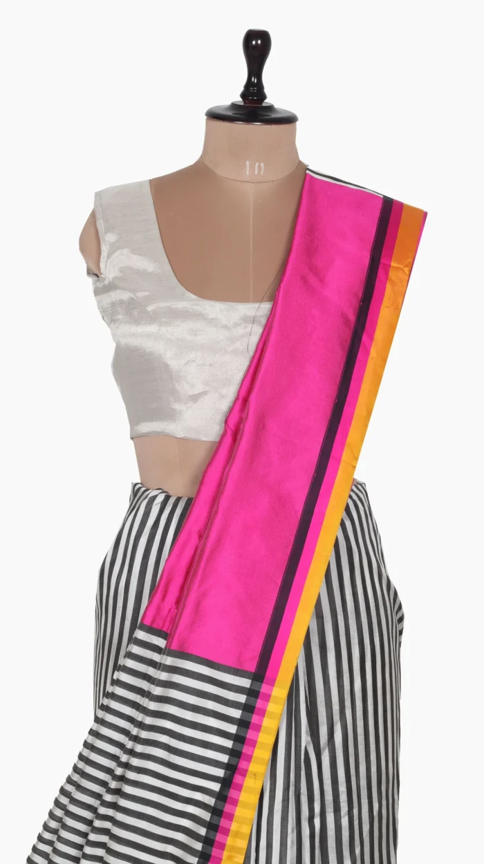 Mashru Black & White Stripe Chanderi Saree