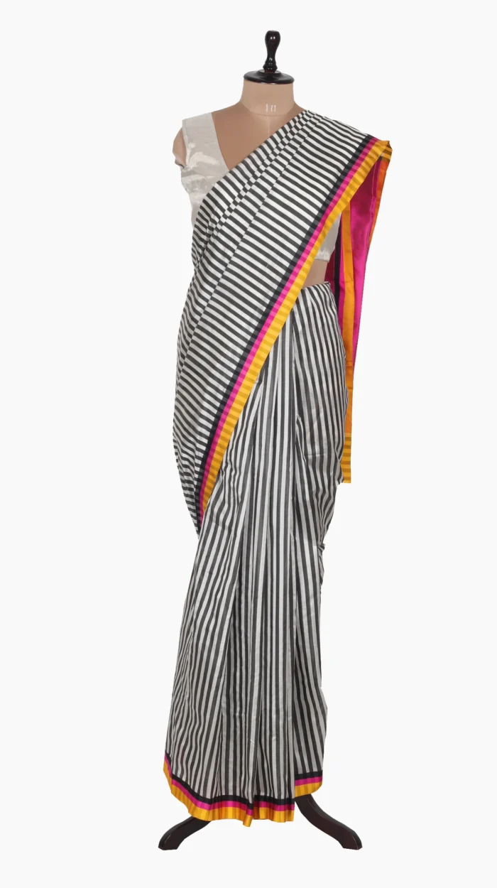 Mashru Black & White Stripe Chanderi Saree