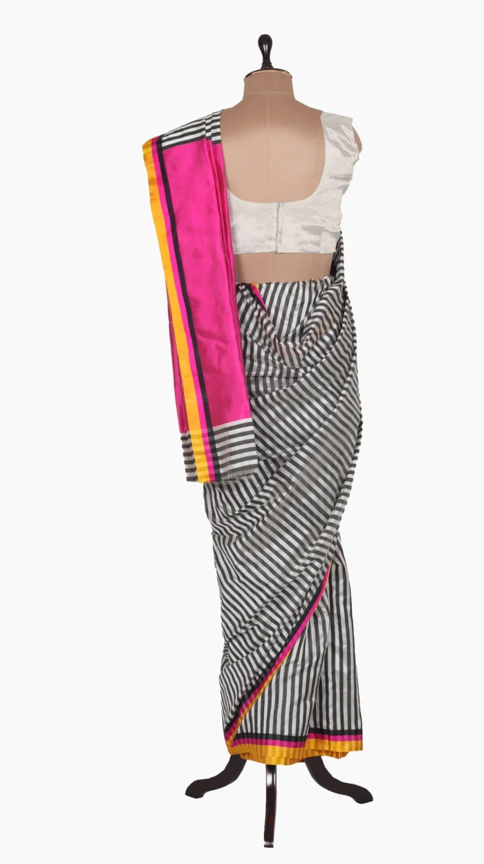 Mashru Black & White Stripe Chanderi Saree