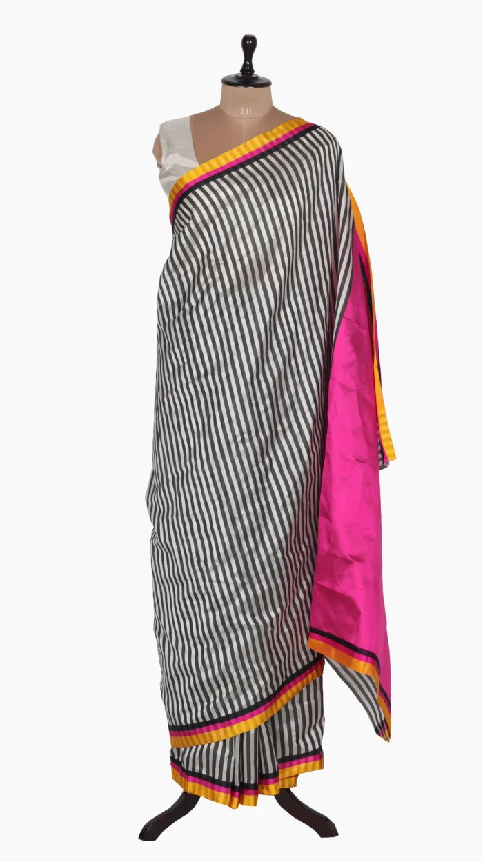 Mashru Black & White Stripe Chanderi Saree - Image 7