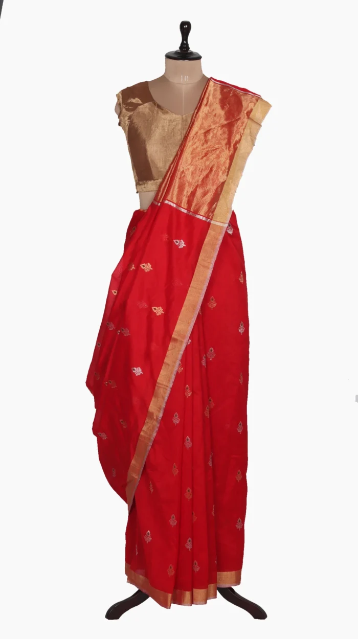 Golden Silver Buta Red Chanderi Saree