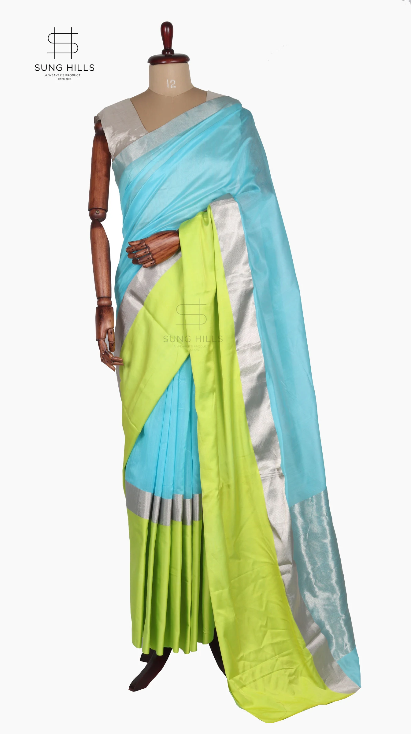 IMG_6204 Mashru Lemon Yellow and Sky Blue Chanderi Saree