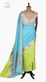 Mashru Lemon Yellow and Sky Blue Chanderi Saree