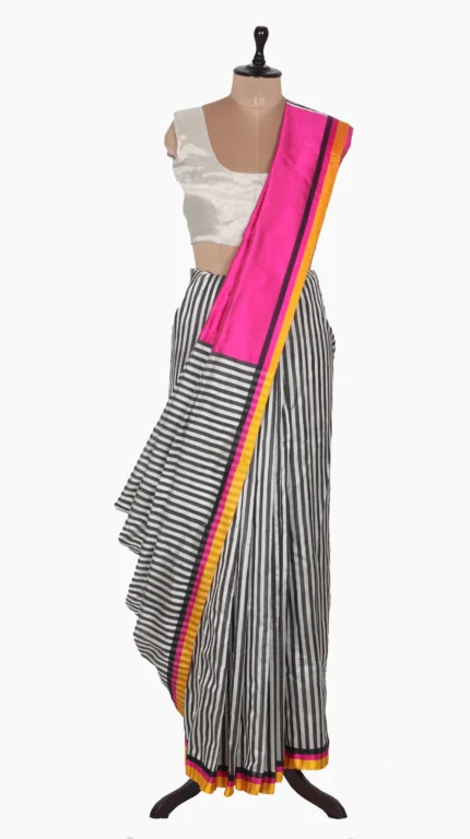 Mashru Black & White Stripe Chanderi Saree