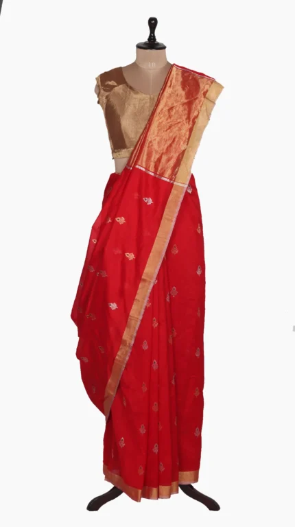Golden Silver Buta Red Chanderi Saree